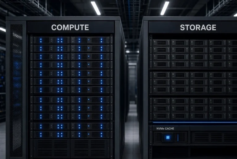 Compute VPS rack next to a storage VPS rack with labeled NVMe cache shelf