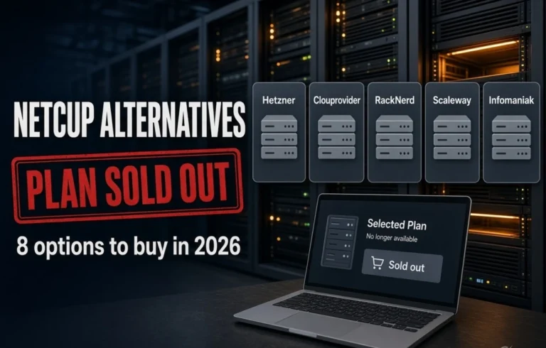 Netcup alternatives in 2026: the plan is sold out, and Hetzner, Clouvider, RackNerd, Scaleway, and Infomaniak are shown as options to buy.