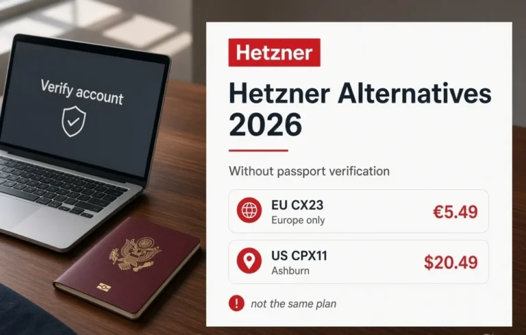 Hetzner alternatives 2026, passport left closed beside a verification screen, EU CX23 at €5.49 and US CPX11 at $20.49.