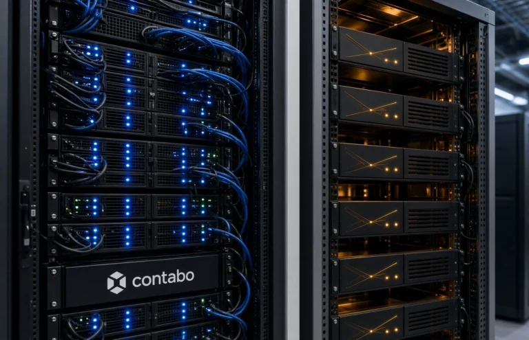 Contabo dense server rack beside a cleaner alternative rack