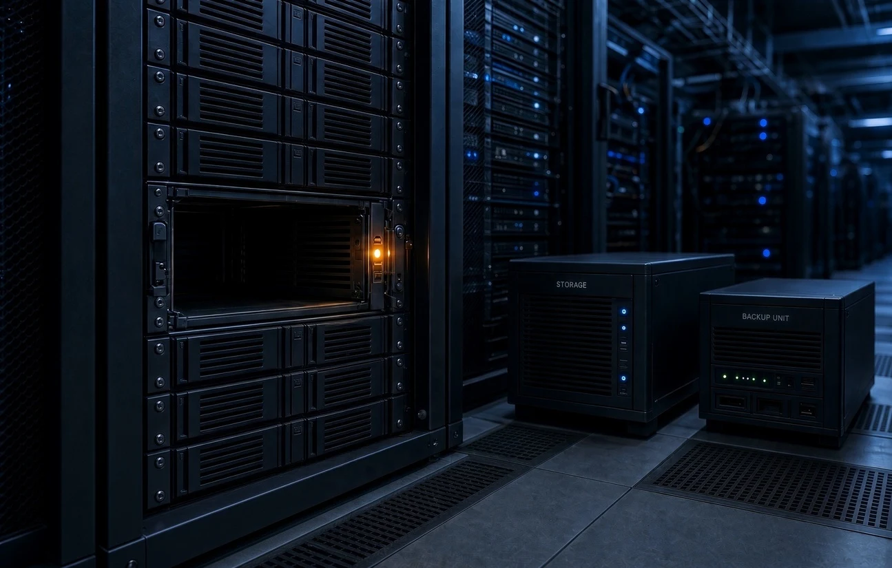 Empty drive bay beside alternative storage hardware for BuyVM slab replacement